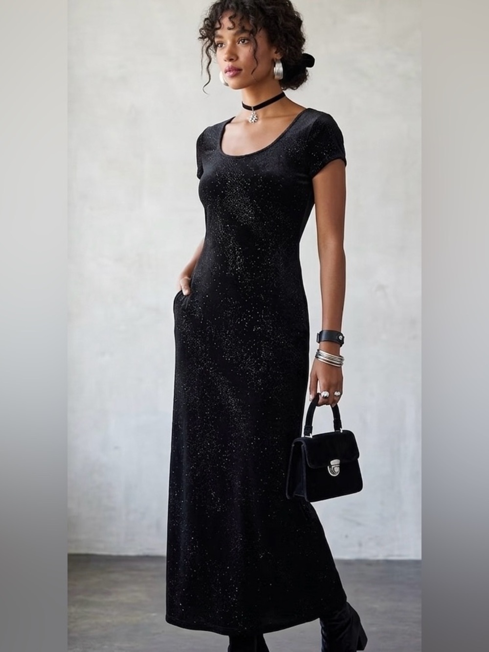 Vintage Dawn Joy Velvet Maxi Dress Glitter Infused Scoop Neck 90s Whimsigoth Y2K